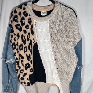 BiBi Patchwork Leopard Cable Knit Sweater Denim Sleeves Size M